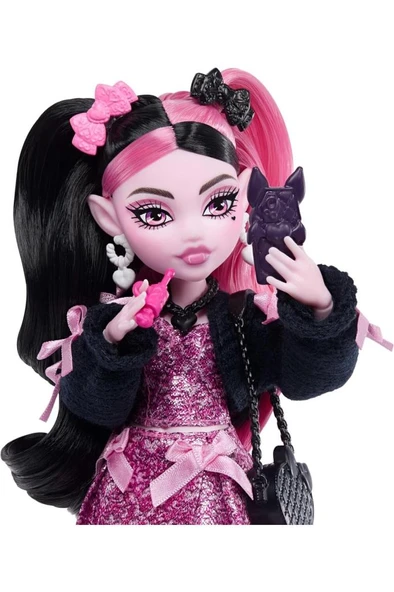Bebek, Pembe Fiyonklu Elbise ve Siyah Hırka ile Draculaura JHK29 - Resim 4
