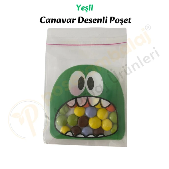 50 Adet Mavi-Yeşil Renkli Canavar Desenli Cake Pop & Kurabiye Poşeti-10x15 cm - Resim 4