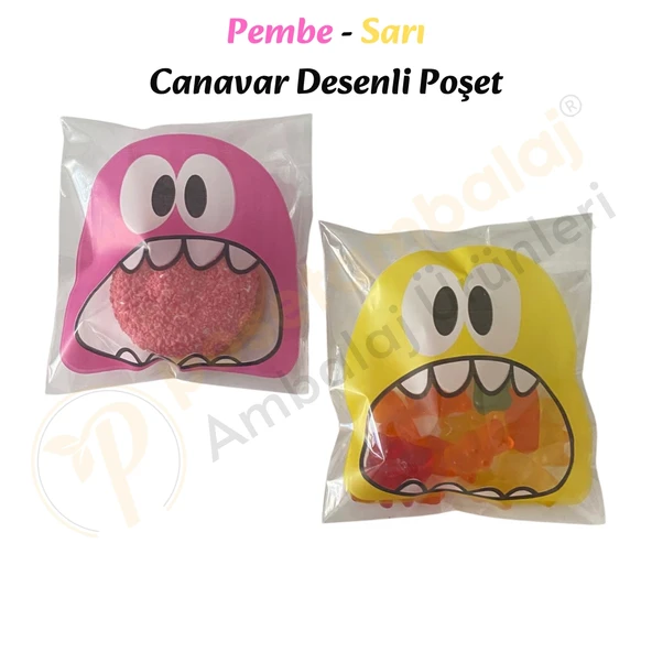 100 Adet Pembe-Sarı Renkli Canavar Desenli Cake Pop & Kurabiye Poşeti-10x15 cm - Resim 2
