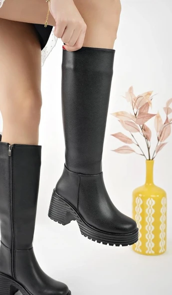 Seribo Kalın Topuk Streç Suni Deri Kadın Çizme - Resim 3