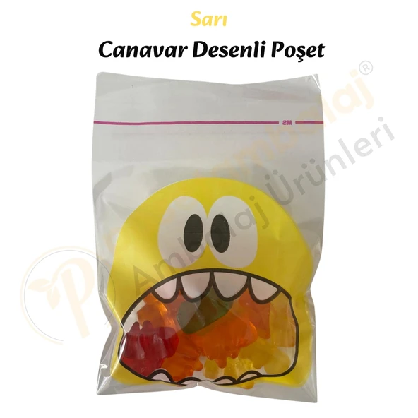 100 Adet Sarı Canavar Desenli Cake Pop & Kurabiye Poşeti-10x15 cm - Resim 4