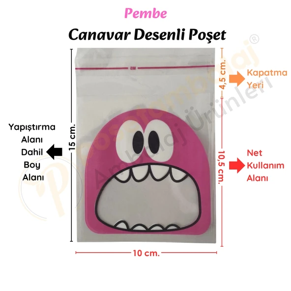 100 Adet Pembe-Sarı Renkli Canavar Desenli Cake Pop & Kurabiye Poşeti-10x15 cm - Resim 3
