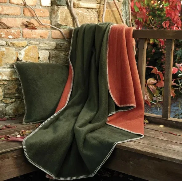 Çift Kişilik Düz Pamuklu Battaniye çift taraflı 200 + 220 yeşil-kırmızı ürün görseli 1