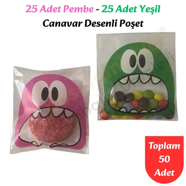 50 Adet Pembe-Yeşil Renkli Canavar Desenli Cake Pop & Kurabiye Poşeti-10x15 cm ürün görseli 1