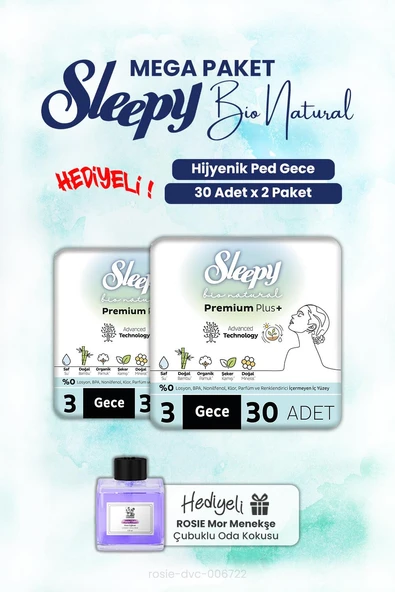 Sleepy Bio Natural Hijyenik Ped Gece 30'lu x2 ve ROSIE oda kokusu ürün görseli