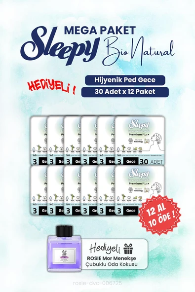 Sleepy 12 AL 10 ÖDE 30'lu Bio Natural Hijyenik Ped Gece ve ROSIE oda kokusu ürün görseli