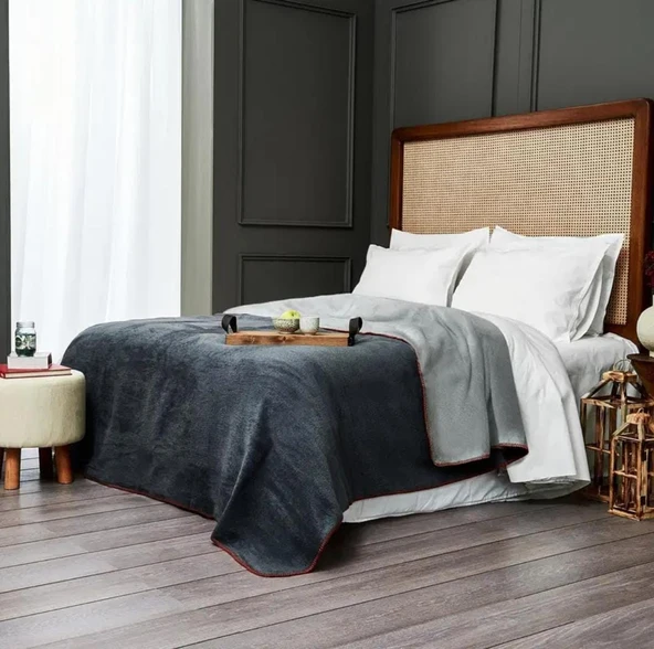Çift Kişilik Düz Pamuklu Battaniye çift taraflı 200 + 220 füme-gri - Resim 2