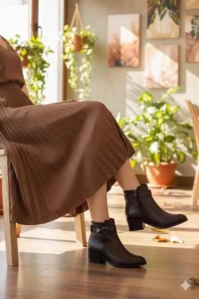 Fort 1094 Rahat Esnek Toka Detaylı Sıcak Astar 4 Cm yüksek Topuk Kadın Bot - Resim 2