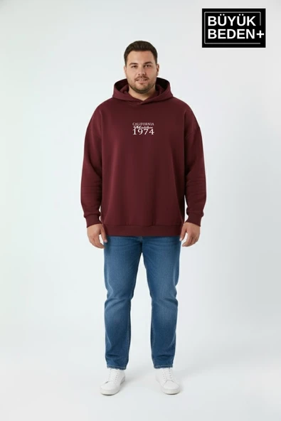 Erkek Büyük Beden  California 1974 Baskılı Kapüşonlu Sweatshirt -Rahat Kalıp SPR26BSW965 - Resim 3