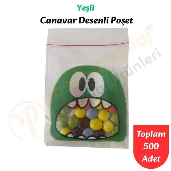 500 Adet Yeşil Canavar Desenli Cake Pop & Kurabiye Poşeti-10x15 cm ürün görseli 1