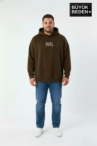 Erkek Büyük Beden  California 1974 Baskılı Kapüşonlu Sweatshirt -Rahat Kalıp SPR26BSW965 - Resim 5