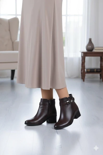 Fort 1094 Rahat Esnek Toka Detaylı Sıcak Astar 4 Cm yüksek Topuk Kadın Bot - Resim 3