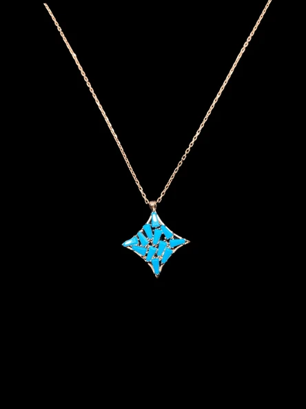 ?? 925 Ayar İthal Gümüş Mavi Bağcıklı Yıldız / Karo Formu Kolye | Turkuaz Renk Taş | Bohem Şıklık ürün görseli 1