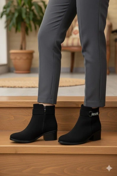 Fort 1093 Rahat Esnek Toka Detaylı Sıcak Astar 4 Cm yüksek Topuk Kadın Bot - Resim 6