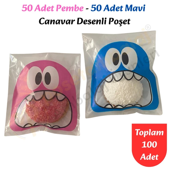 100 Adet Pembe-Mavi Renkli Canavar Desenli Cake Pop & Kurabiye Poşeti-10x15 cm - Resim 2