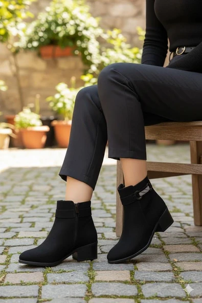 Fort 1093 Rahat Esnek Toka Detaylı Sıcak Astar 4 Cm yüksek Topuk Kadın Bot - Resim 3