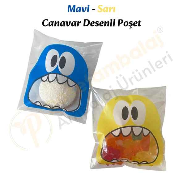 30 Adet Mavi-Sarı Renkli Canavar Desenli Cake Pop & Kurabiye Poşeti-10x15 cm - Resim 3