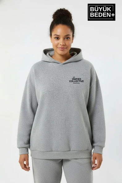 Kadın Büyük Beden Rahat Kalıp Hoodie -Unified Baskılı Kapüşonlu Sweatshirt SPR26BSWK968 - Resim 7