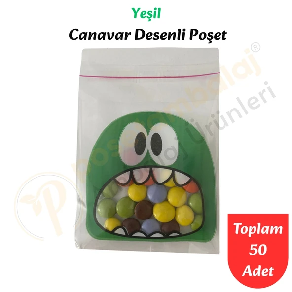 50 Adet Yeşil Canavar Desenli Cake Pop & Kurabiye Poşeti-10x15 cm ürün görseli 1
