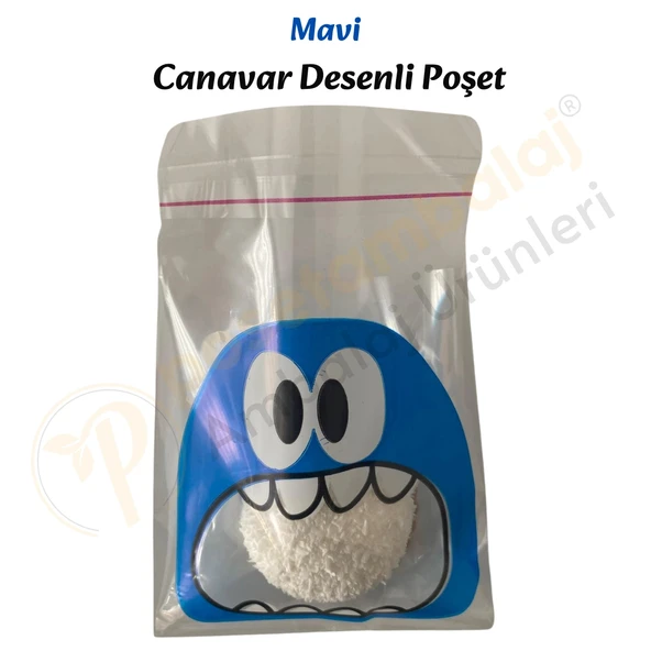 100 Adet Mavi Canavar Desenli Cake Pop & Kurabiye Poşeti-10x15 cm - Resim 4