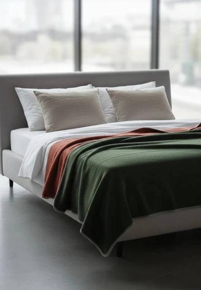 Çift Kişilik Düz Pamuklu Battaniye çift taraflı 200 + 220 yeşil-kırmızı - Resim 3