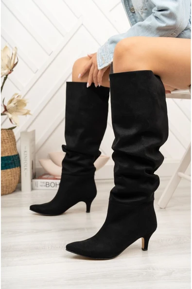 Seribo Kısa Topuk Büzgülü Sivri Burun Fermuarsız Kadın Çizme - Resim 5