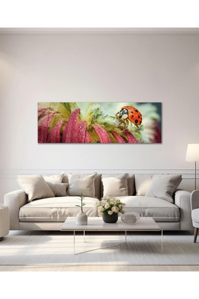 Çiçek ve Uğurböceği Panoramik Cam Tablo Hediyelik Büyük Tablo Ev Ofis Dekoru - Resim 2