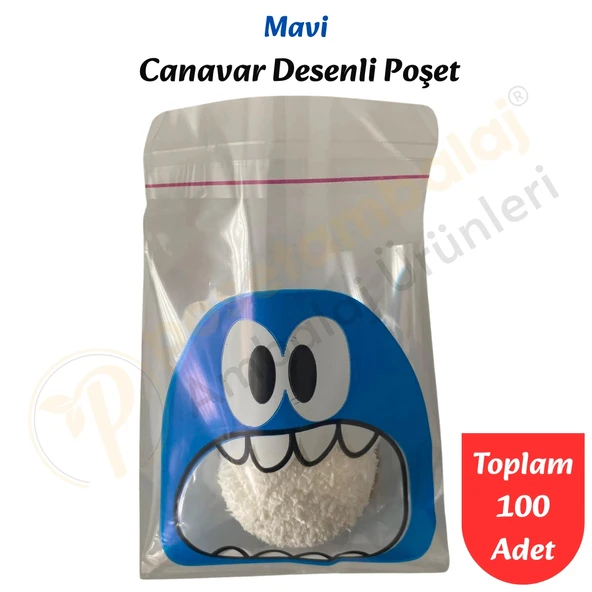 100 Adet Mavi Canavar Desenli Cake Pop & Kurabiye Poşeti-10x15 cm ürün görseli 1