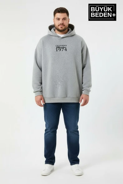 Erkek Büyük Beden  California 1974 Baskılı Kapüşonlu Sweatshirt -Rahat Kalıp SPR26BSW965 - Resim 7