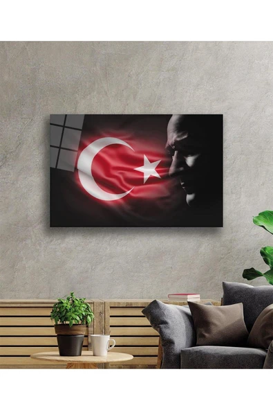 Atatürk Bayrak Atatürk Silüetli Gölgesiz Siyah Fonlu Cam Tablo 4mm Dayanıklı Temperli Cam Atatürk - Resim 2