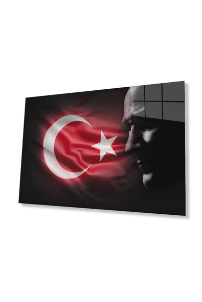Atatürk Bayrak Atatürk Silüetli Gölgesiz Siyah Fonlu Cam Tablo 4mm Dayanıklı Temperli Cam Atatürk ürün görseli
