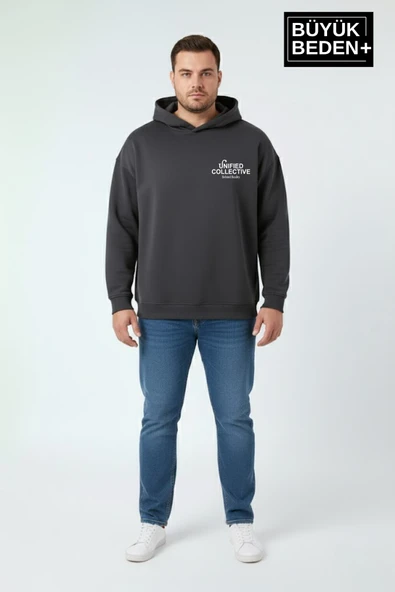 Erkek Büyük Beden Hoodie –Rahat Kalıp Konforlu Unified Baskılı Sweatshirt SPR26BSW968 - Resim 7