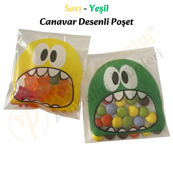30 Adet Sarı-Yeşil Renkli Canavar Desenli Cake Pop & Kurabiye Poşeti-10x15 cm - Resim 2