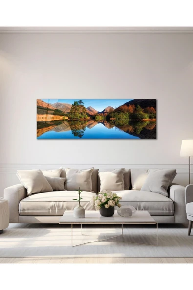 Göl ve Dağ Manzara Panoramik Cam Tablo Hediyelik Büyük Tablo Ev Ofis Dekoru - Resim 2