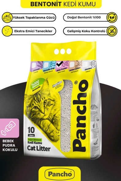 PANCHO Bebek Pudralı Kedi Kumu 10 LT Yüksek Topaklanma, Tozsuz, Koku Kapseme, Doğal Bentonit ürün görseli 1