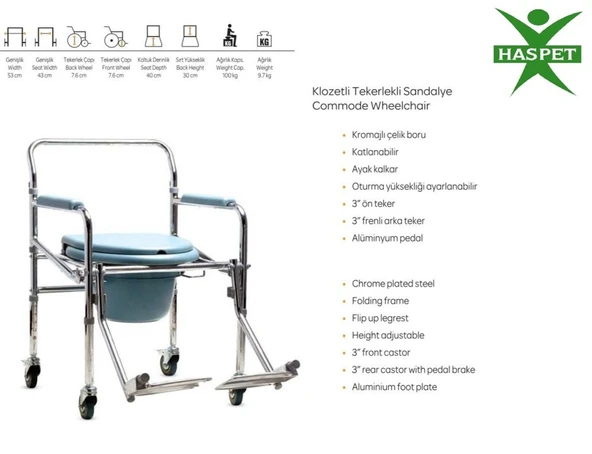 Haspet Klozetli Tekerlekli Sandalye Katlanabilir, Yükseklik Ayarlı  Frenli Hasta Tuvalet Sandalyesi ürün görseli 1