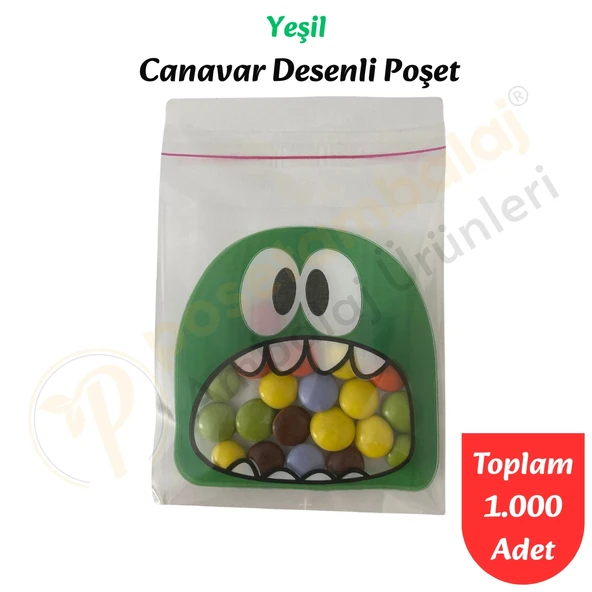 1.000 Adet Yeşil Canavar Desenli Cake Pop & Kurabiye Poşeti-10x15 cm ürün görseli 1