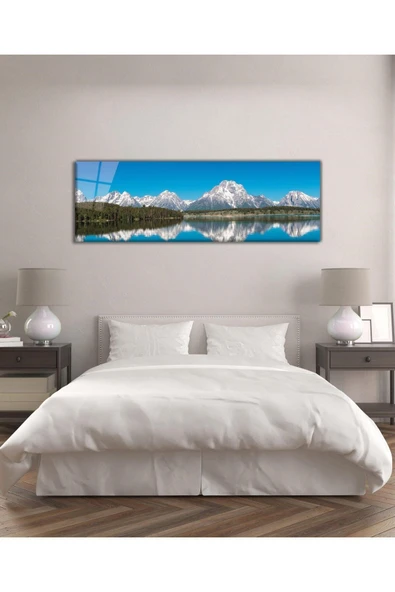 Göl ve Dağ Manzara Panoramik Cam Tablo Hediyelik Büyük Tablo Ev Ofis Dekoru - Resim 3