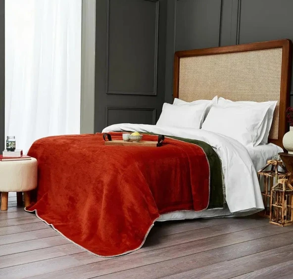 Çift Kişilik Düz Pamuklu Battaniye çift taraflı 200 + 220 yeşil-kırmızı - Resim 2