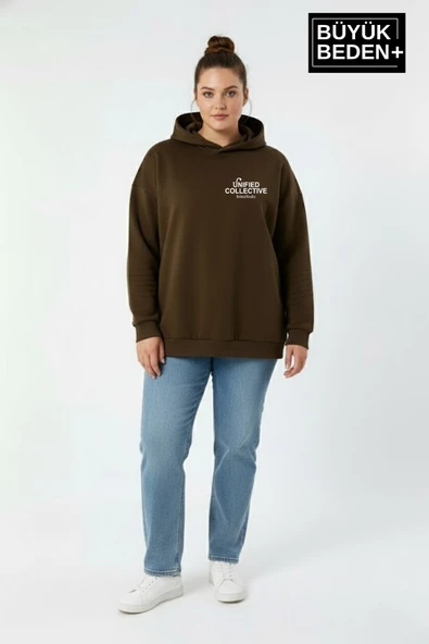 Kadın Büyük Beden Rahat Kalıp Hoodie -Unified Baskılı Kapüşonlu Sweatshirt SPR26BSWK968 - Resim 5