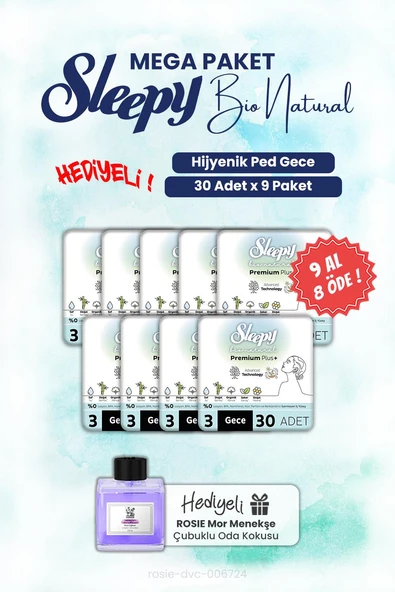 9 AL 8 ÖDE Sleepy Bio Natural Hijyenik Ped Gece 30'lu ve ROSIE oda kokusu ürün görseli