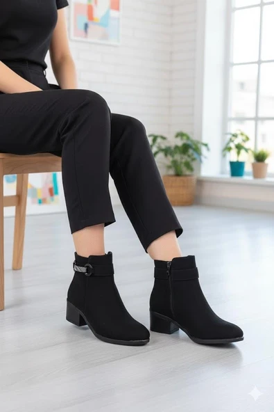 Fort 1093 Rahat Esnek Toka Detaylı Sıcak Astar 4 Cm yüksek Topuk Kadın Bot - Resim 2