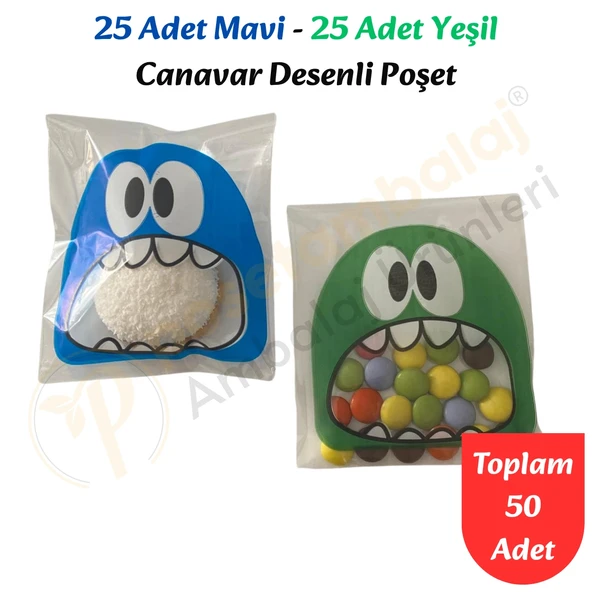 50 Adet Mavi-Yeşil Renkli Canavar Desenli Cake Pop & Kurabiye Poşeti-10x15 cm ürün görseli 1