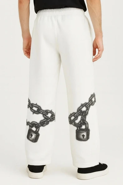 Erkek Üç İplik Pamuklu Baskılı Cepli Jogger Buggy Pantalon Oversize Kalıp - Beyaz - Resim 3
