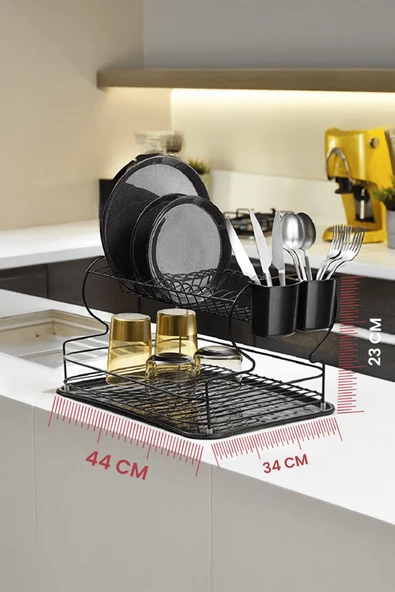 2 Katlı Siyah Bulaşıklık – Dayanıklı Paslanmaz Termoplastik Kaplama Bulaşık Sepeti, Tepsili, Tabak ve Kaşık Kurutmalık - (TB-02 E) - Resim 2
