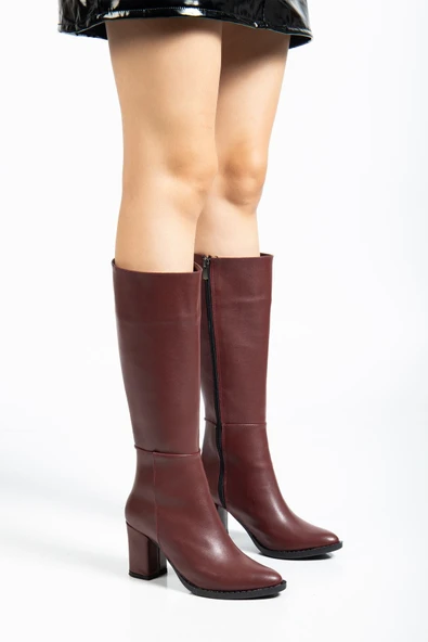 YSN-4422 Bordo Cilt Topuklu Kadın Çizme - Resim 2