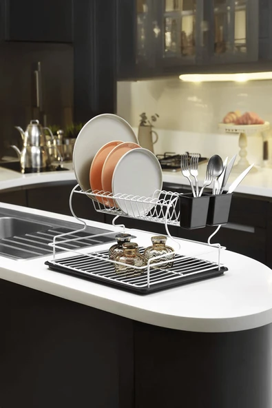 2 Katlı Beyaz Bulaşıklık – Dayanıklı Paslanmaz Termoplastik Kaplama Bulaşık Sepeti, Tepsili, Tabak ve Kaşık Kurutmalık - (TB-02 E) - Resim 3