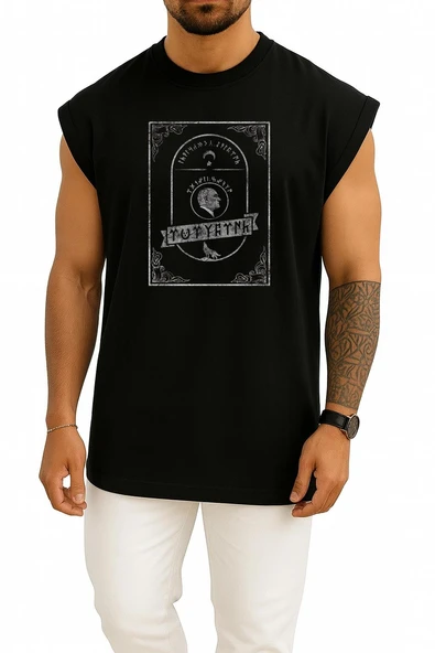 Oversize Göktürkçe Atatürk Yazısı Göğüs Baskılı Atlet - Resim 11