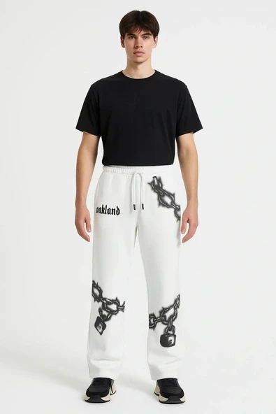 Erkek Üç İplik Pamuklu Baskılı Cepli Jogger Buggy Pantalon Oversize Kalıp - Beyaz ürün görseli 1