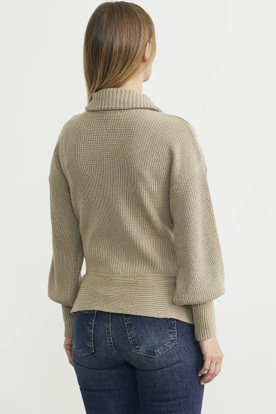 Dik Yaka Fermuarlı Bel Detaylı Triko Hırka - Vizon - Resim 5